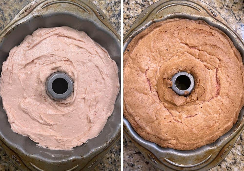 two photos; one shows strawberry cake batter spread in a bundt pan; the other shows the cake in the pan after baking.