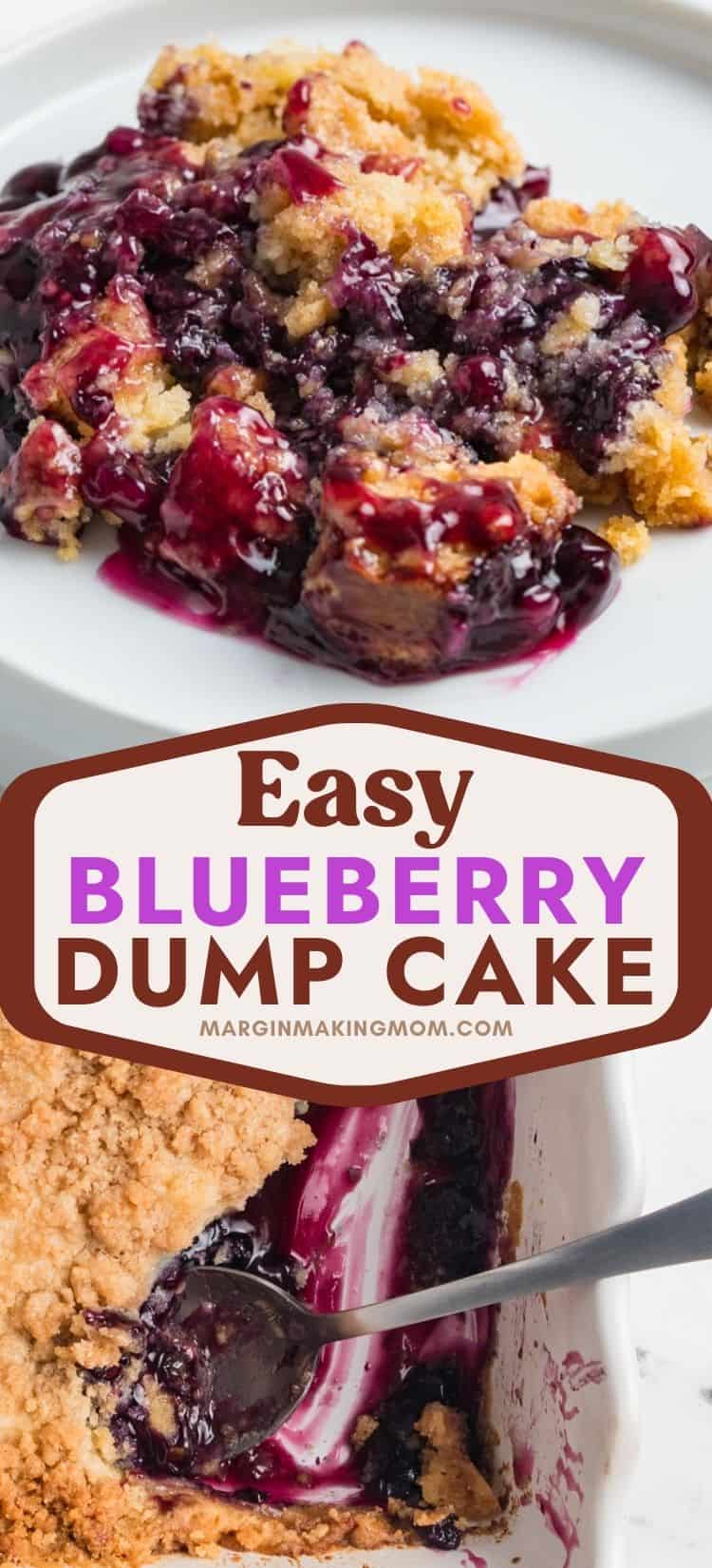 two photos; one shows a serving of muffin mix blueberry cobbler on a white plate; the other shows a spoon scooping a helping out of the baking dish of cobbler.