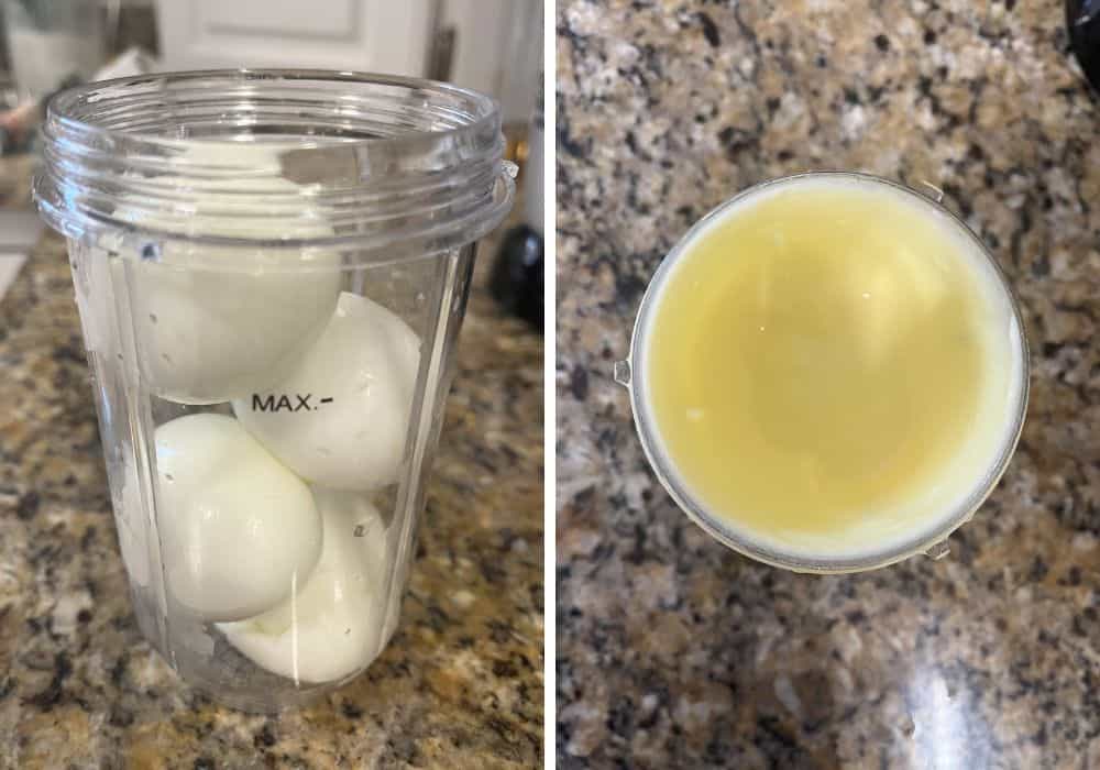 two photos; one shows hard-boiled eggs added to a blender jar; the other shows the blended mixture of eggs and milk.