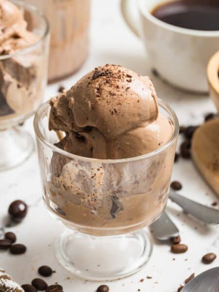 Ninja Creami coffee ice cream in a glass dish.