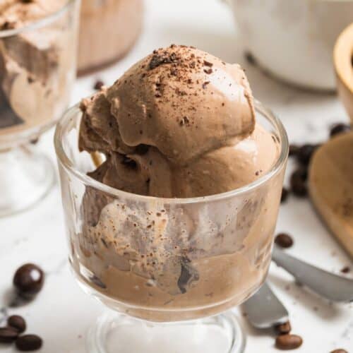 Ninja Creami coffee ice cream in a glass dish.