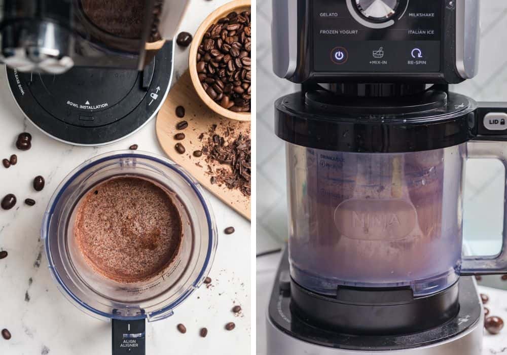 two photos; one shows frozen coffee ice cream base in the Ninja Creami outer bowl prior to spinning; the other shows the blwo locked into place in the machine during spinning.