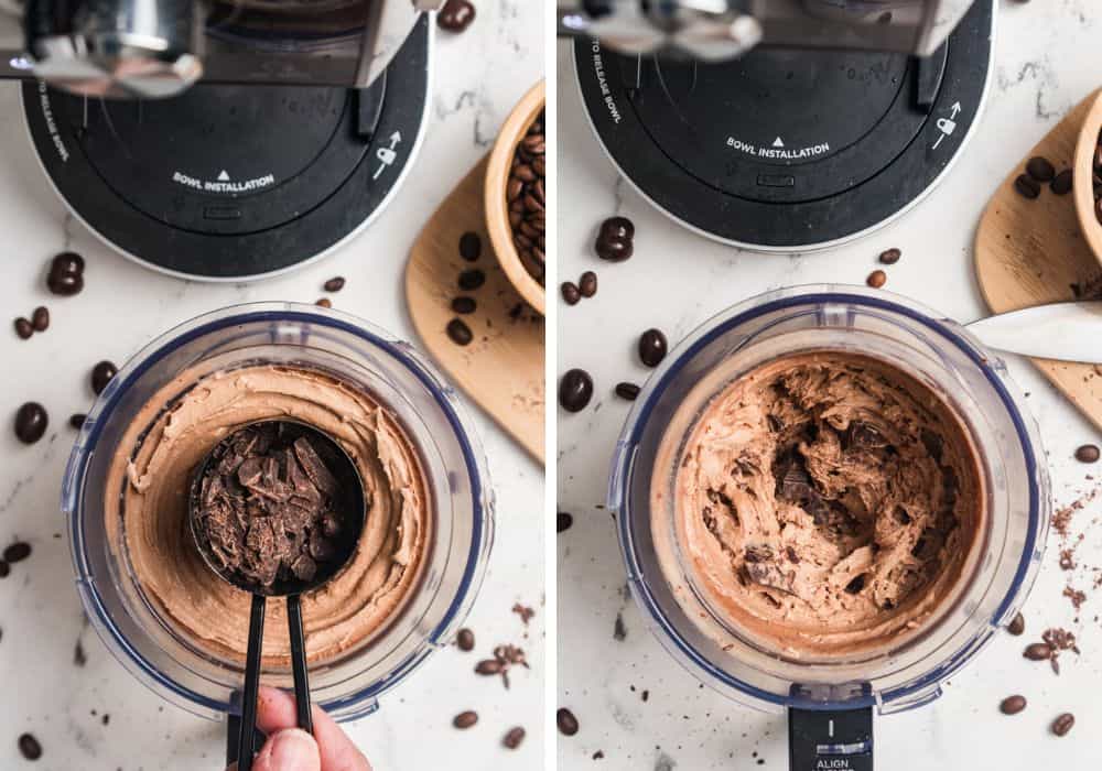 two photos; one shows chocolate chunks being added to the coffee ice cream before using the mix-in function; the other shows the ice cream after the mix-in cycle is complete.