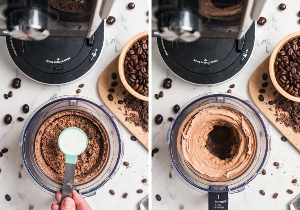 two photos; one shows a tablespoon of milk being added to crumbly ice cream after the initial spin in the Ninja Creami; the other shows the creamy ice cream after Re-spinning.