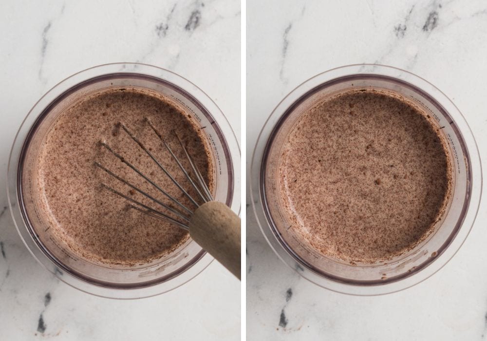 two photos; one shows a whisk whisking together ingredients for the ic ecream base; the other shows the ingredients in the pint container.