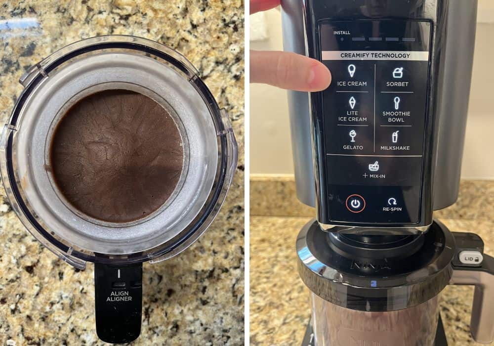 two photos; one shows frozen ice cream base in a pint container, the other shows a finger pointing to the ice cream button on the Ninja Creami machine.