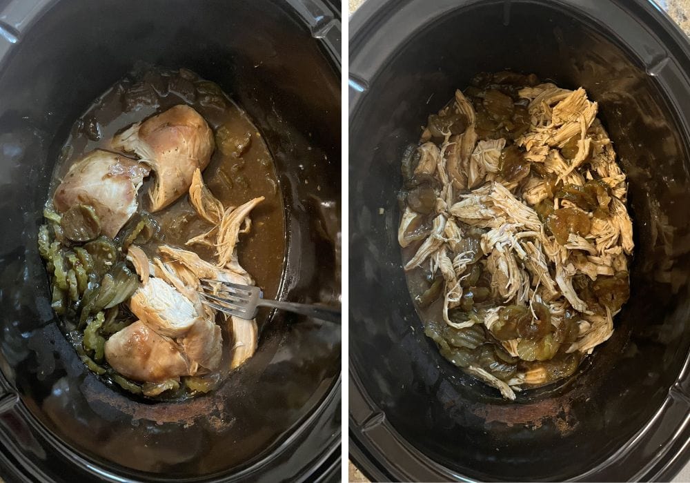 two photos; one shows chicken breasts being shredded with a fork in a crock pot; the other shows the shredded chicken and dill pickles in a savory broth.