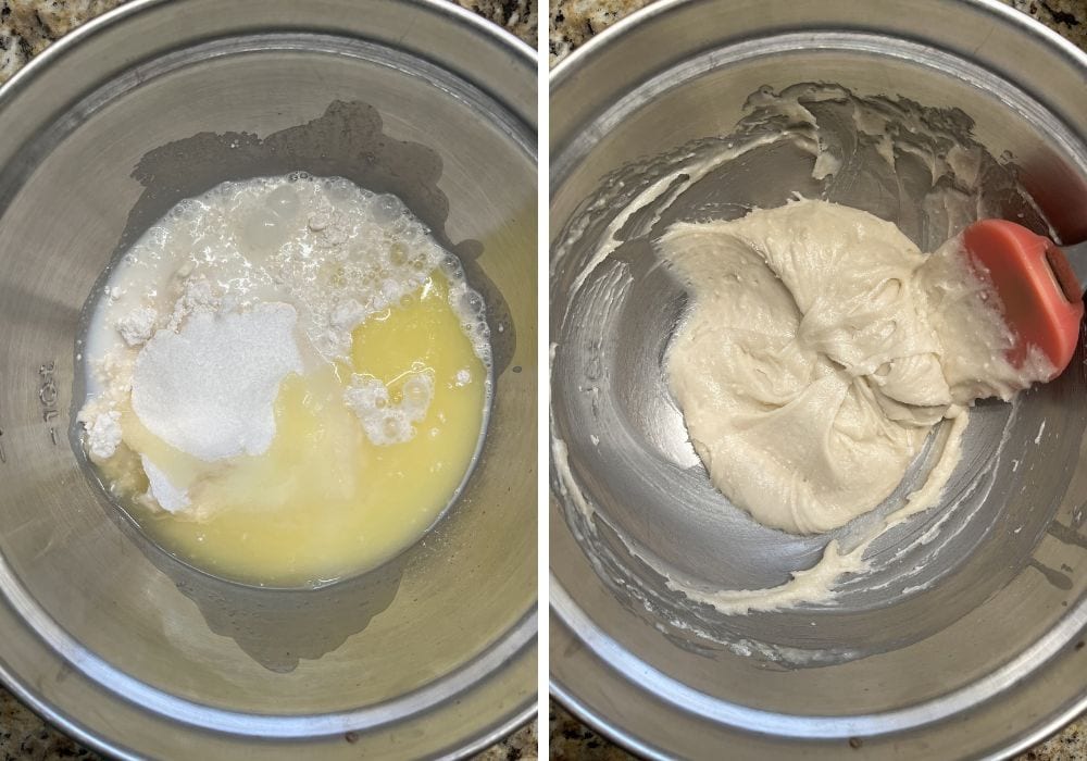 two photos; one shows Bisquick, sugar, milk, and melted butter in a mixing bowl; the other shows those ingredients mixed together to form a batter for cobbler topping.