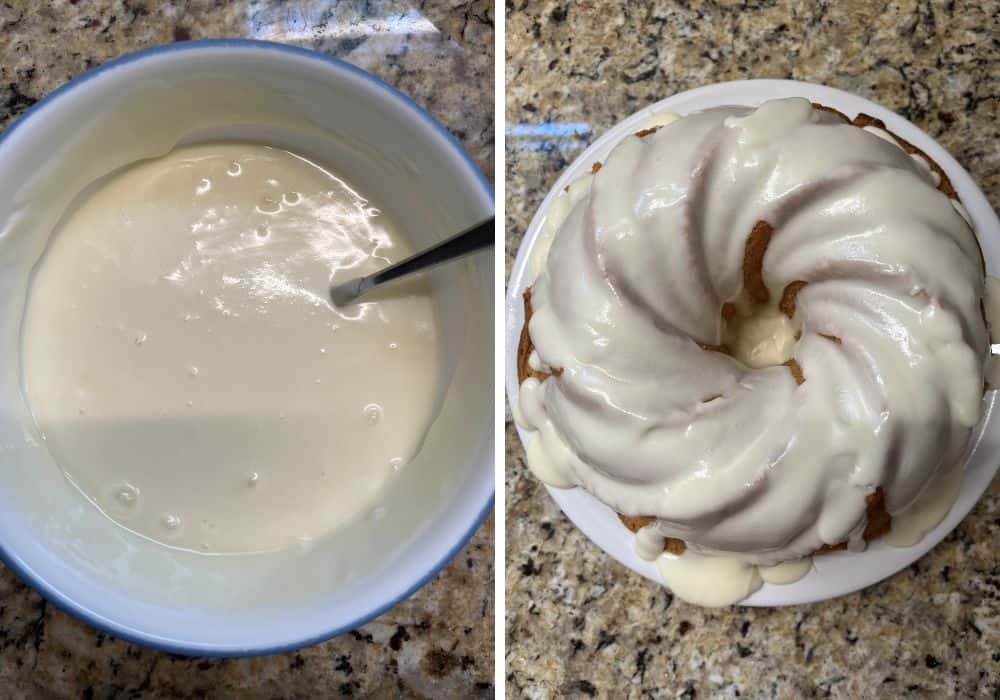 two photos; one shows vanilla coconut icing in a small bowl; the other shows the icing drizzled over the coconut cake.