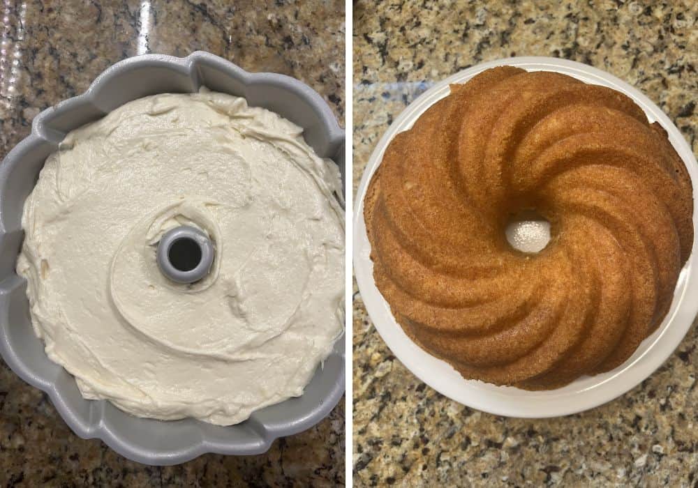 two photos; one shows coconut cake batter in a bundt pan; the other shows the freshly baked southern coconut cake turned out onto a white serving plate.