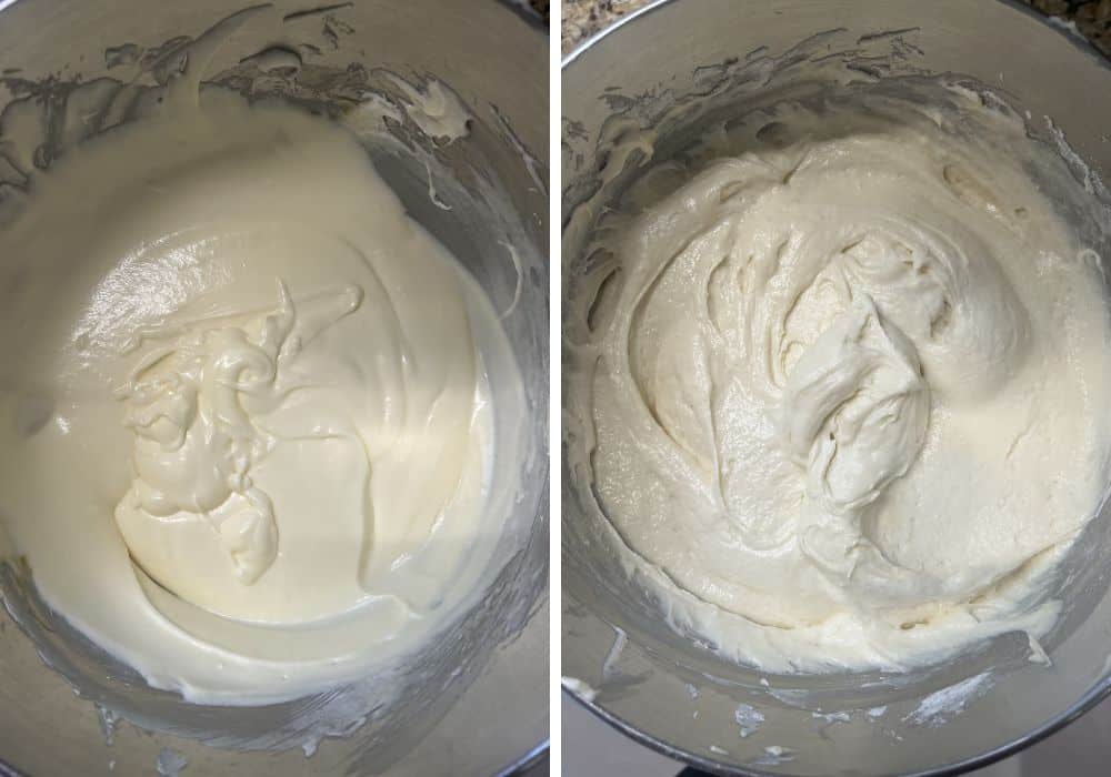 two photos; one shows batter mixture after adding eggs, the other shows coconut cake batter mixture after adding dry ingredients and water.
