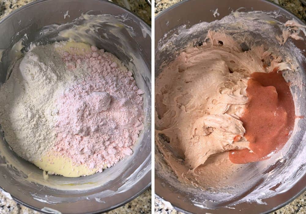 two photos; one shows flour and cake mix added to the wet ingredients in the mixing bowl; the other shows strawberry puree added to the bowl.