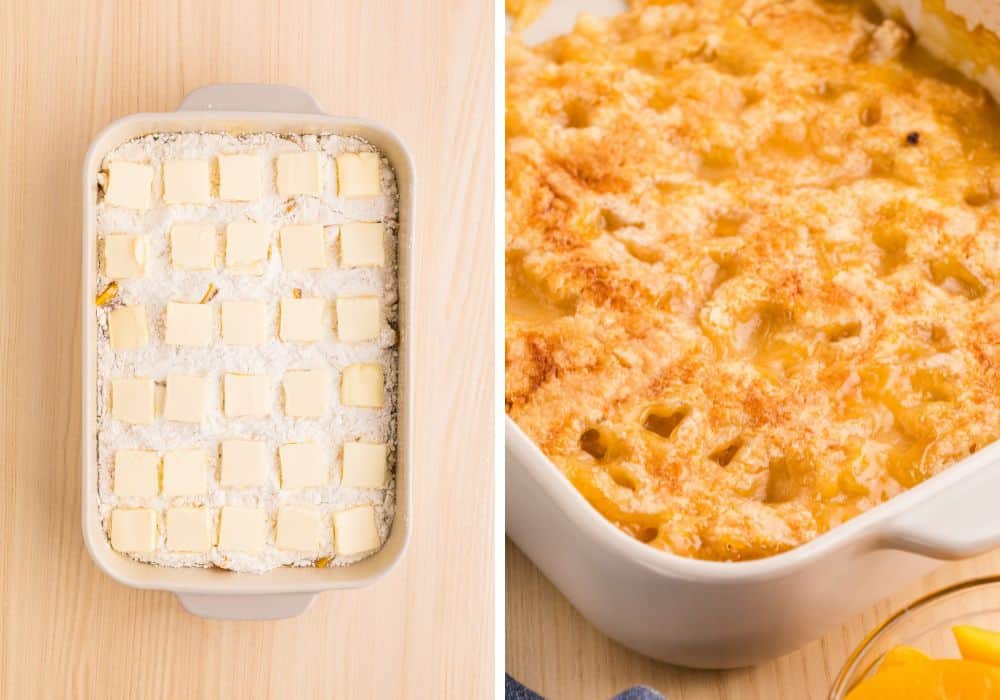 two photos; one shows butter pats over a dry cake mix in a baking dish; the other shows freshly baked peach cobbler with a golden-brown crust.