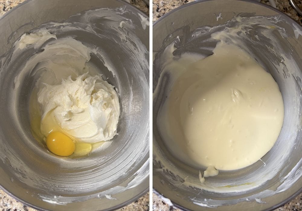 two photos; one shows an egg added to the cream cheese, butter, and sugar mixture in the mixing bowl. The other shows the mixture after all eggs have been beaten in.