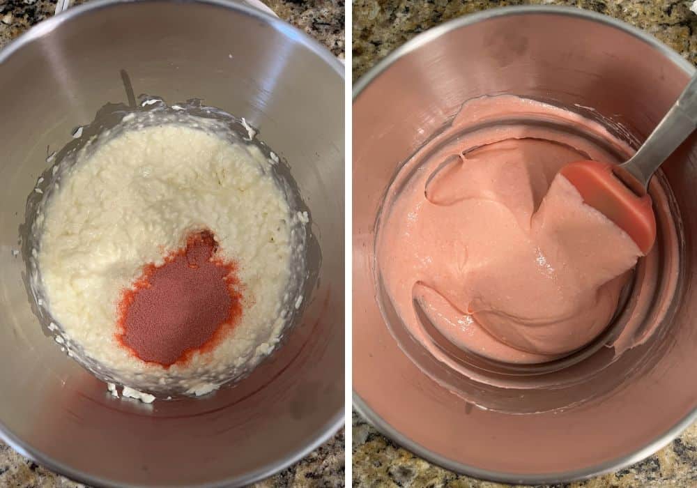 two photos; one shows cream cheese and egg beaten together, with Jello powder added to the mixture. The other shows the strawberry cake filling mixture after it's been beaten until smooth.