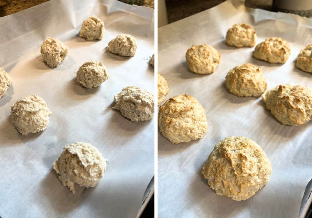 two photos; one shows rounds of biscuit dough on a parchment-lined baking sheet; the other shows the freshly baked biscuits on the baking sheet.