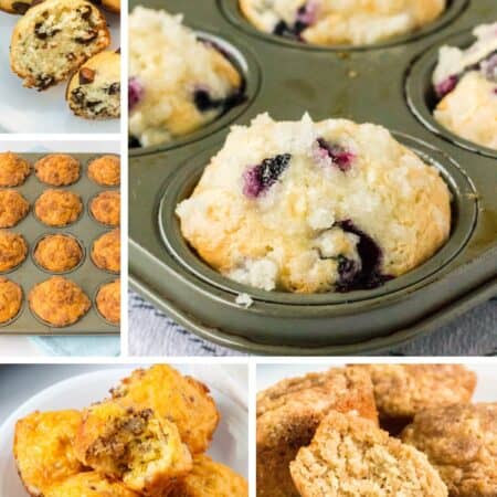 collage image featuring five Bisquick muffin recipe varieties.