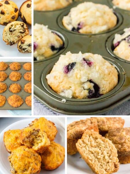 collage image featuring five Bisquick muffin recipe varieties.