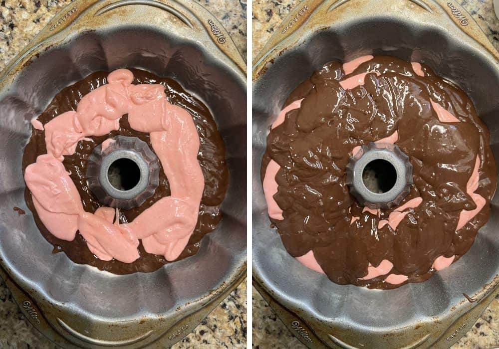 two photos; one shows strawberry filling added over chocolate cake batter in a bundt pan; the other shows another layer of chocolate cake batter added to get it ready for baking.