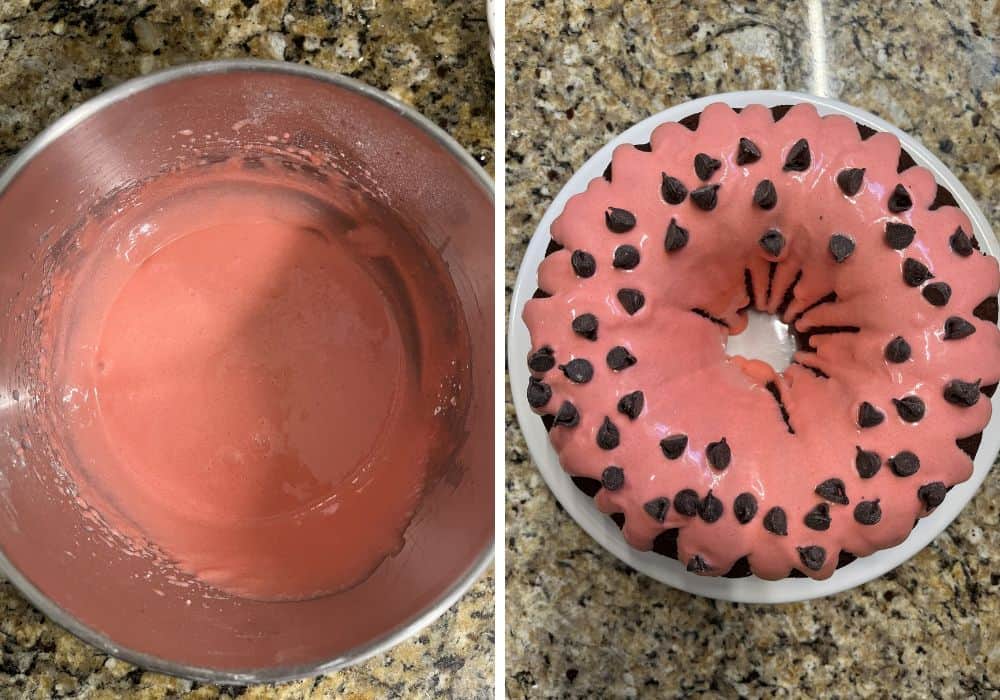 two photos; one shows strawberry cake glaze in a mixing bowl; the other shows the glaze drizzled over the cake, and chocolate chips sprinkled on top.