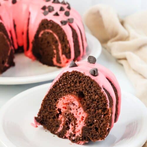 Slice of chocolate strawberry cake served on a white plate, with the remaining swirled bundt cake in the background.