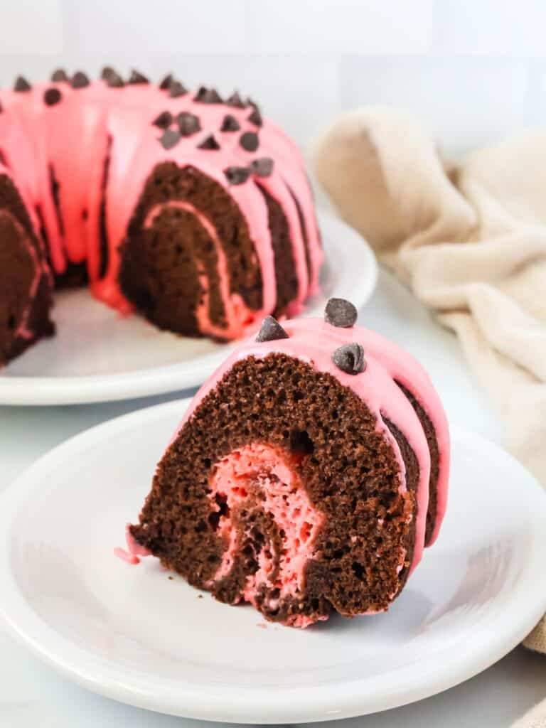 Slice of chocolate strawberry cake served on a white plate, with the remaining swirled bundt cake in the background.