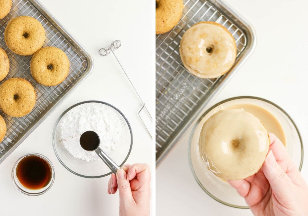 two photos; one shows a hand adding vanilla extract and coffee to powdered sugar to make coffee-flavored donut icing; the other shows a donut dipped into the glaze.