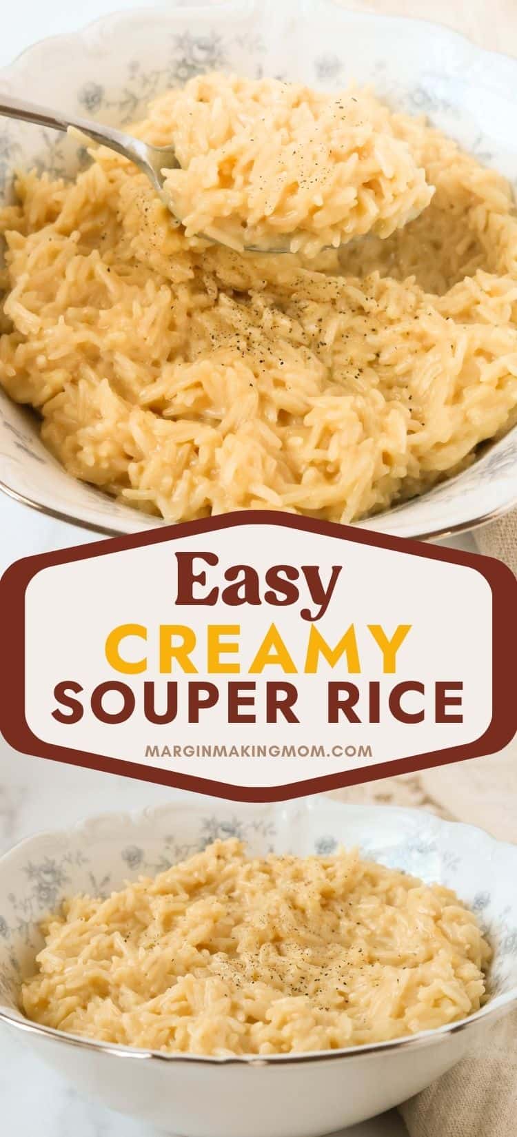 two photos; one shows a serving spoon scooping out some creamy souper rice from a blue and white dish; the other shows a side view of the serving bowl of creamy parmesan rice.