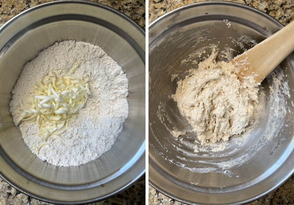two photos; one shows grated butter added to Bisquick and baking powder in a mixing bowl; the other shows the biscuit dough after milk is added.