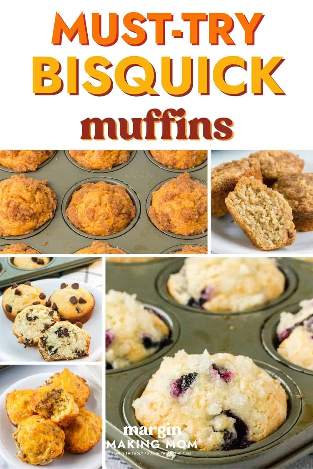 collage image featuring five photographs of different varieties of Bisquick muffin recipes.