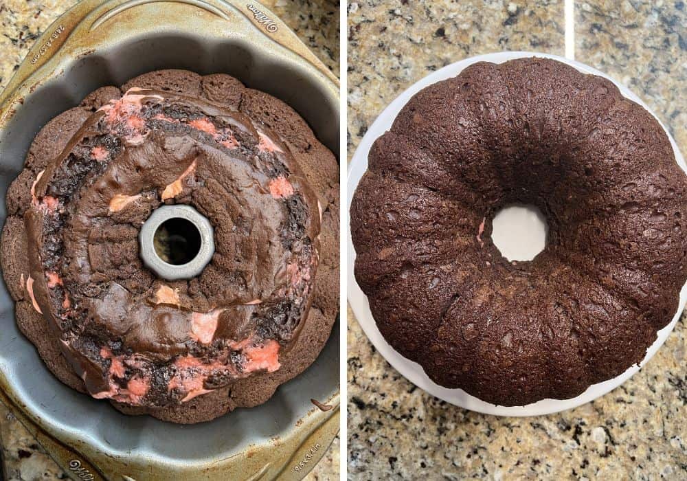 two photos; one shows a freshly baked chocolate strawberry cake in the bundt pan; the other shows the cake turned out onto a white serving plate.