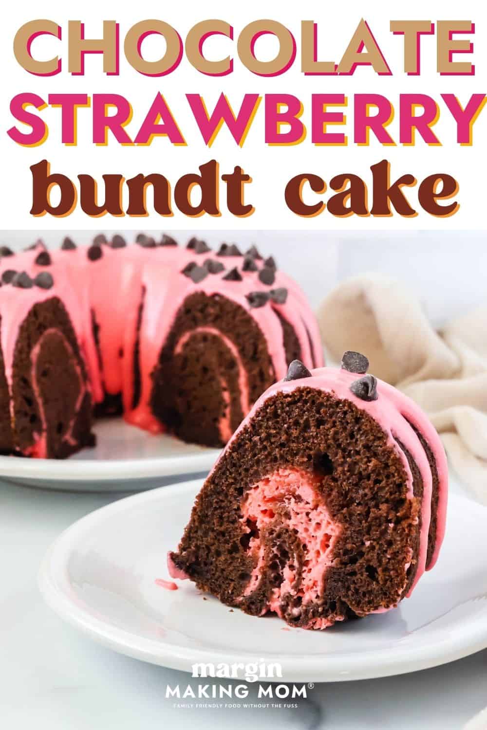 Slice of chocolate strawberry cake on a white plate, with the remaining bundt cake in the background.