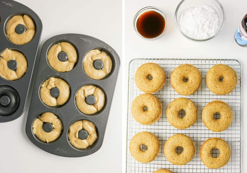 two photos; one shows donut batter added to a donut pan; the other shows freshly baked donuts turned out onto a wire rack to cool.