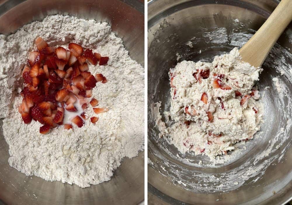 two photos; one shows strawberries and milk added to Bisquick mixture in a mixing bowl; the other shows a wooden spoon mixing ingredients into a soft dough.