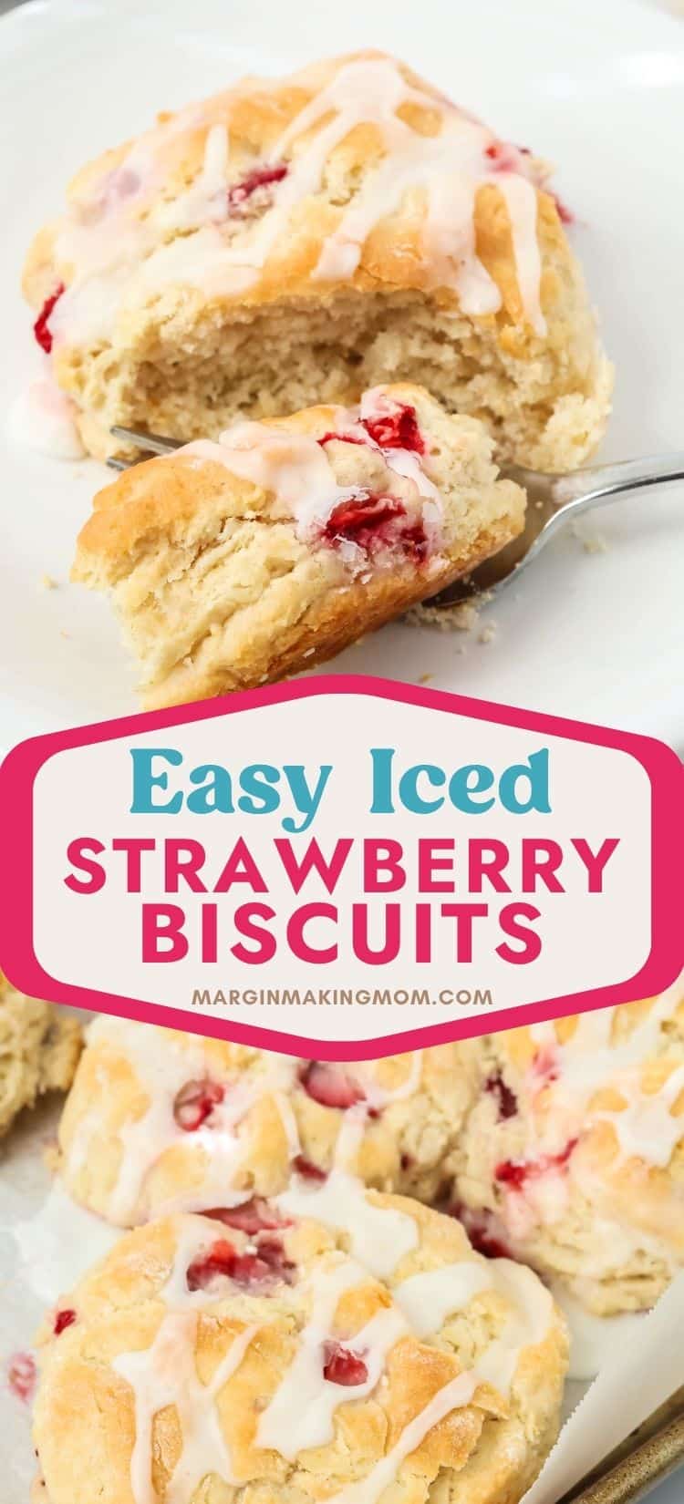 two photos; one shows a fork cutting a bite out of a fresh strawberry biscuit, the other shows several of the Bisquick strawberry biscuits on a baking sheet.