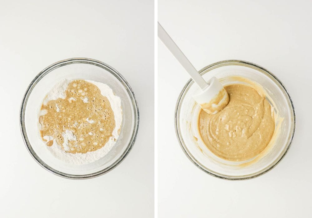 two photos; one is an overhead view of a mixing bowl with ingredients in it for making coffee donuts; the other photo shows the batter ngredients mixed together.