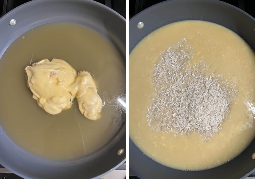 two photos; one shows cream of chicekn soup and chicken broth in a skillet; the other shows basmati rice added to the liquid.