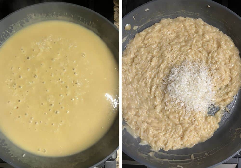 two photos; one shows the mixture being brought to a boil; the other shows parmesan cheese added to the creamy rice after cooking.