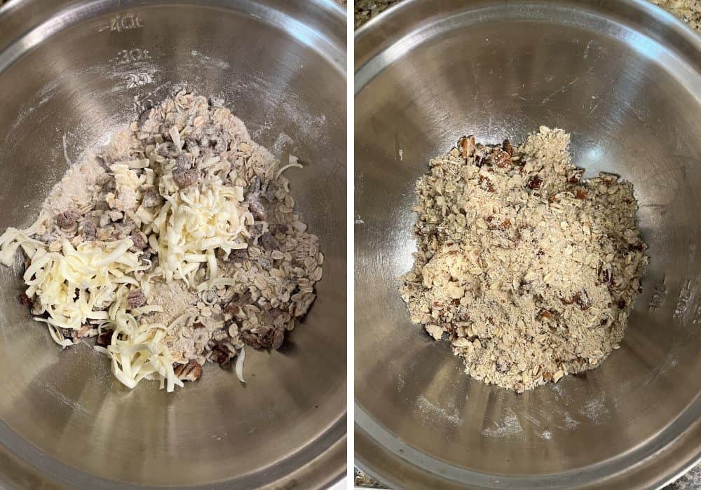 two photos; one shows crumble topping ingredients in a mixing bowl; the other shows the topping ingredients mixed together.