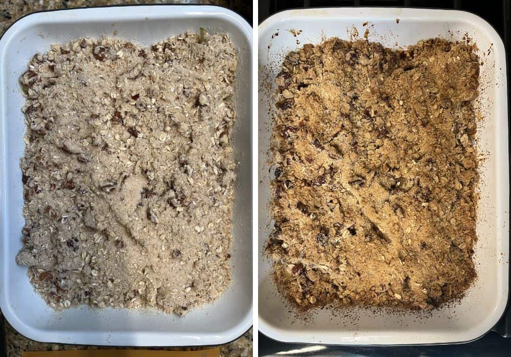 two photos; one shows the crumble topping sprinkled over the pear mixture in a baking dish; the other shows the pan after the pear crisp has been baked.