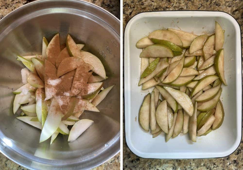 two photos; one shows filling ingredients in a mixing bowl; the other shows the pear crisp filling added to a baking dish.