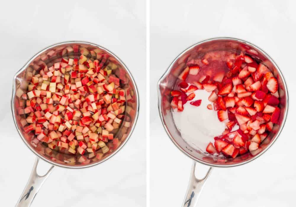 two photos; one shows diced rhubarb and water in a saucepan; the other shows strawberries, sugar, lemon juice, and water added to the cooked rhubarb in the pan.