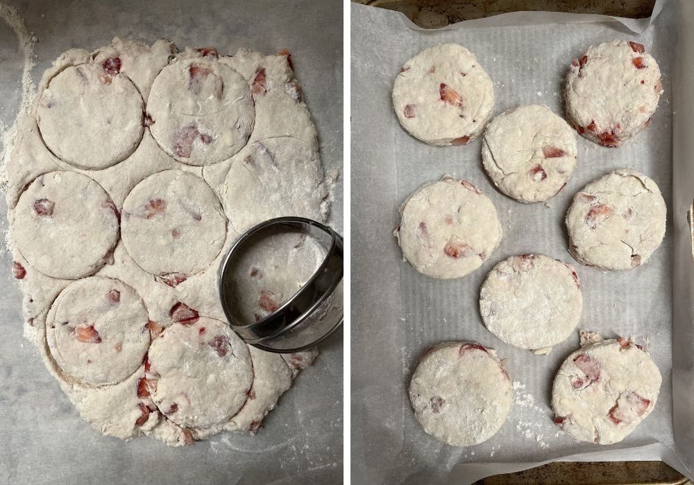 two photos; one shows a biscuit cutter cutting rounds of dough for fresh strawberry biscuits. The other shows the rounds of dough on a baking sheet.