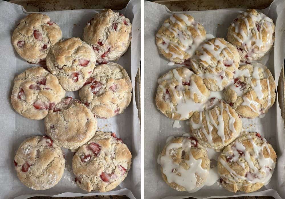 two photos; one shows freshly baked strawberry biscuits on a baking sheet; the other shows the biscuits topped with an icing glaze.