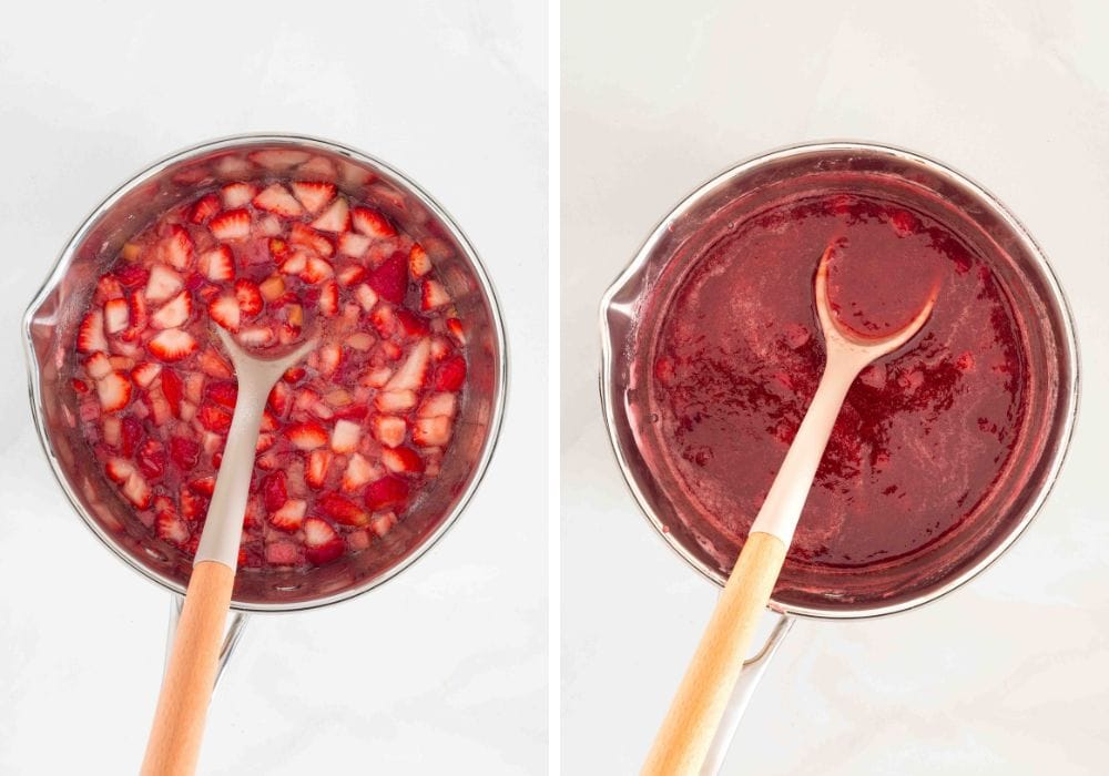 two photos; one shows strawberries and rhubarb cooking in a saucepan; the other shows the mixture after simmering to a jam-like consistency.