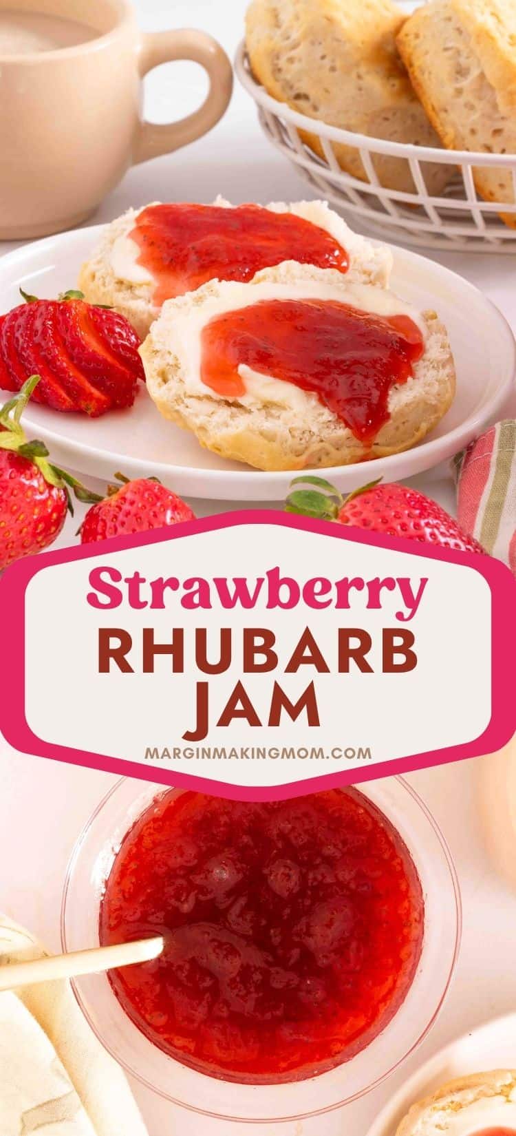 two photos; one shows a halved biscuit topped with rhubarb strawberry jam. The other shows a glass dish filled with strawberry rhubarb jam made with no pectin.