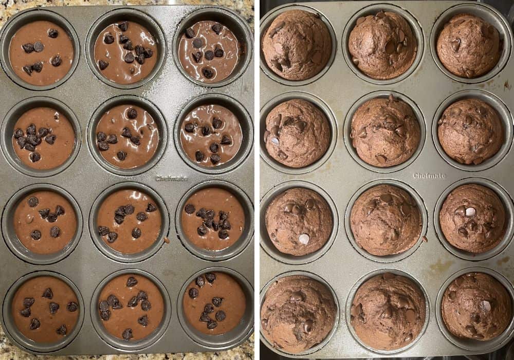 Two photos; one shows batter divided among the wells of a muffin pan, with chocolate chips sprinkled over the batter. The other photo shows the chocolate muffins after baking.