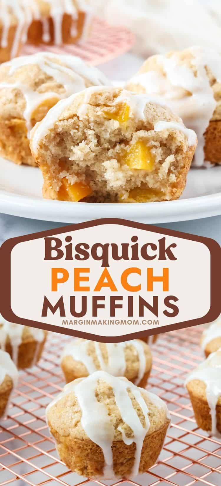 two photos; one shows peach muffins on a white plate, one of which has been split in half to show chunks of peaches in the muffin. The other photo shows muffins drizzled with icing on a wire rack.