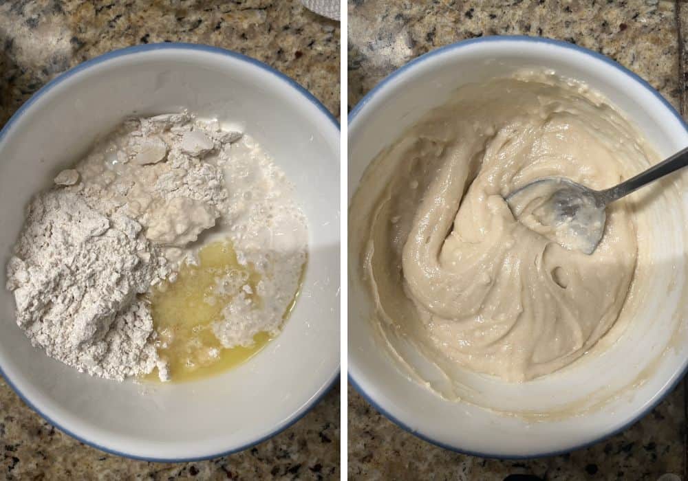 two photos; one shows ingredients for cobbler topping in a small bowl; the other shows the ingredients being stirred together.