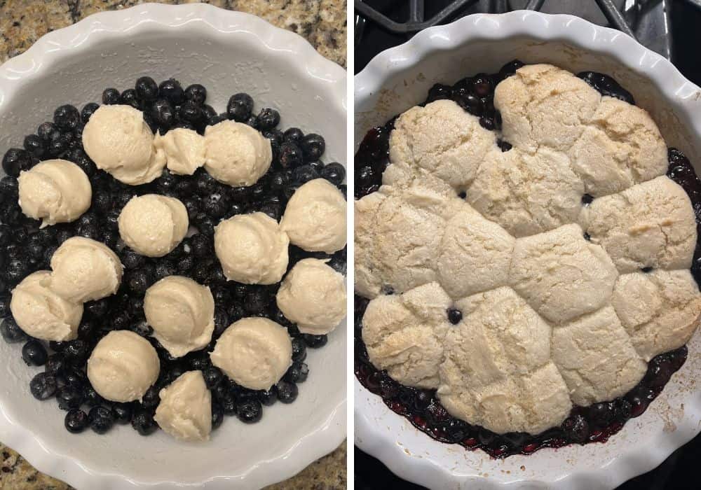 two photos; one shows scoops of batter dropped over the blueberry mixture in the baking dish; the other shows the cobbler after baking.